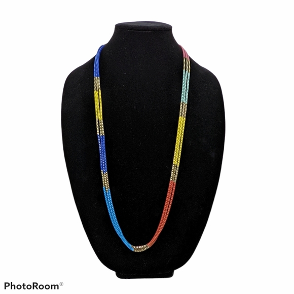 Necklace Long Multistrand Multicolor Box Chain Gold Blue Yellow Red Pink - Picture 5 of 5